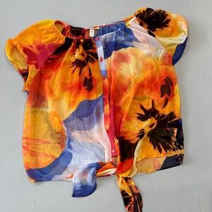Sheer Vibrant Orange and Blue Blouse